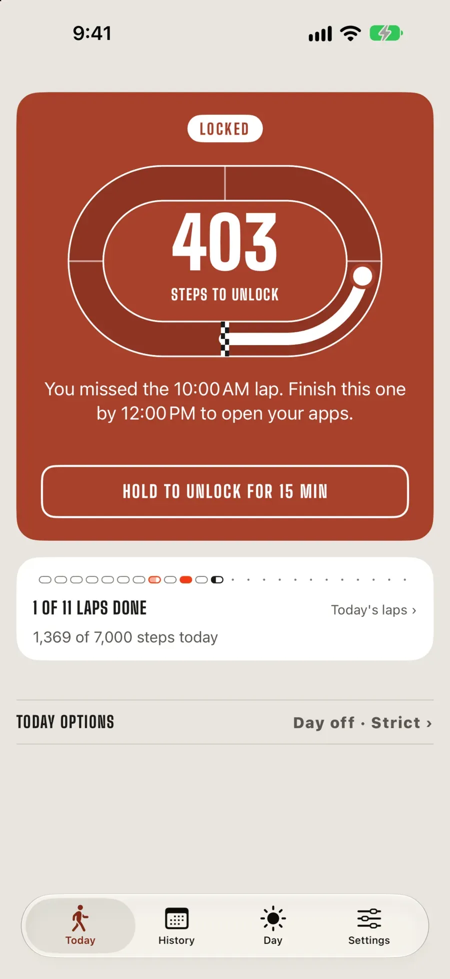 Locked: 403 steps to unlock, with a hold-to-unlock-for-15-minutes button