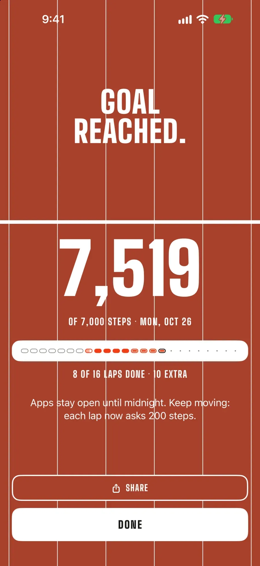 Goal reached: 7,519 of 7,000 steps, apps stay open until midnight