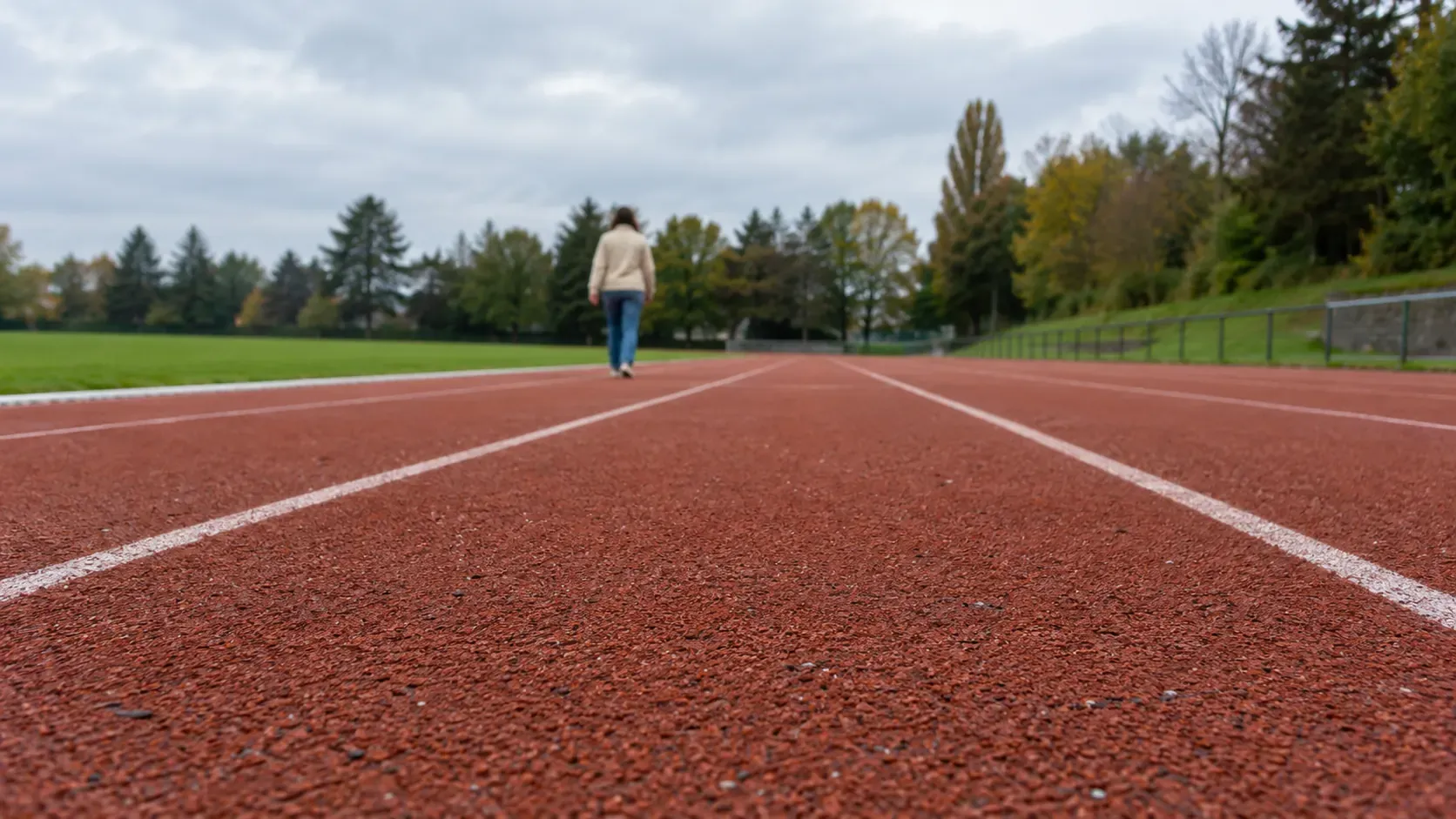 Someone in jeans and a jacket walking away along the lanes of an empty running track on an overcast morning